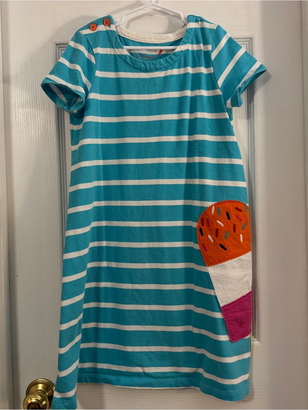 Mini Boden Girl Turquoise & White Striped Dress with Orange Ice Cream Appliqué